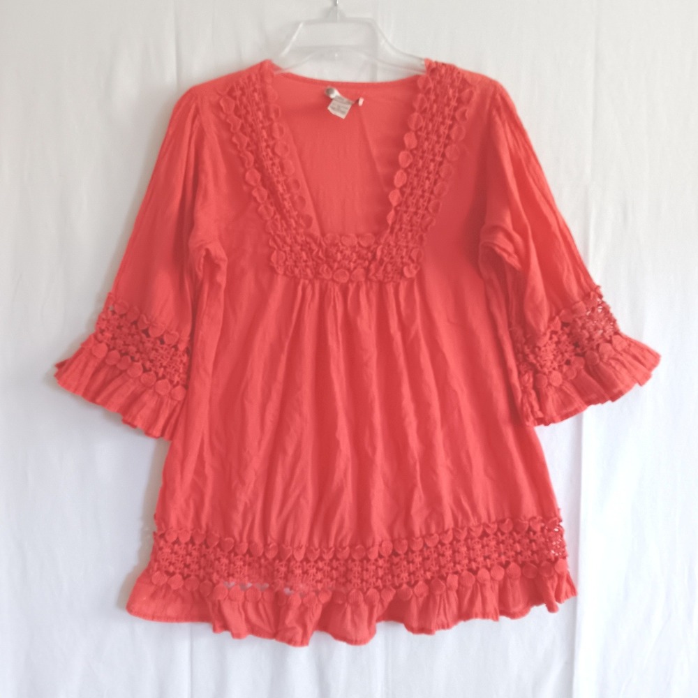 Cute Options Blouse Womens XL Coral Crochet Lace Trim Cotton Top